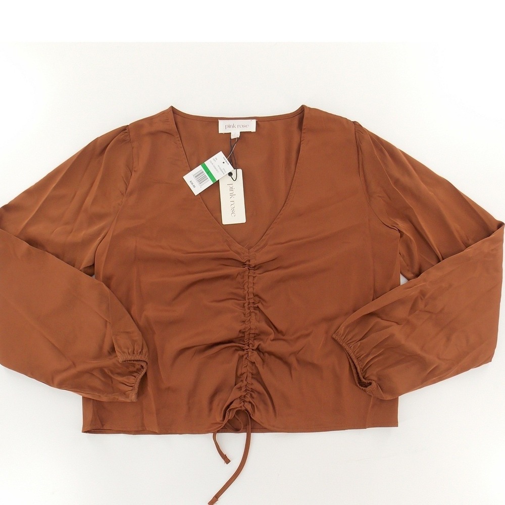 NWT Pink Rose Blouse Ruched Front Long Sleeve Women L Brown NWT